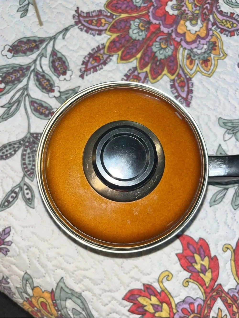 Vintage MCM Spade Enamel Cooking Pot - Brown Black Cottagecore Kiitchenware